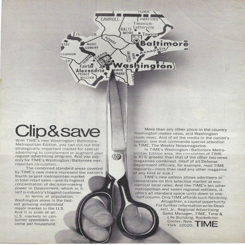 1967 Time Magazine Washington/Baltimore Metropolitan Edition Vtg Print Ad/Poster